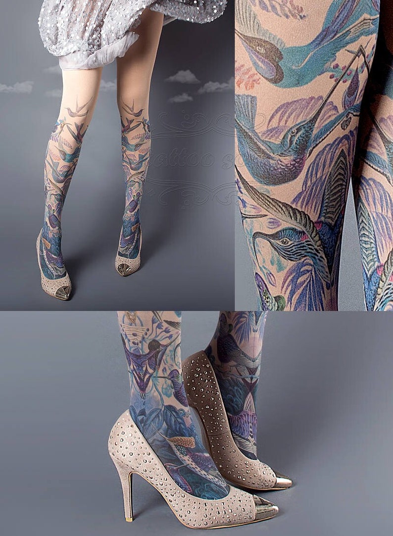 Exotic Birds Closed Toe nude color one size full length printed tights, pantyhose, nylons, tattoo socks, tattoo tights, Plus Size option image 1
