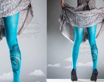 NEW cyan one size Snake full length printed tights closed toe pantyhose tattoo tights by tattoo socks