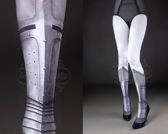 Tattoo Tights -  Warrior Princess white full length printed closed toe tights, pantyhose, tattoo socks, shield, knight