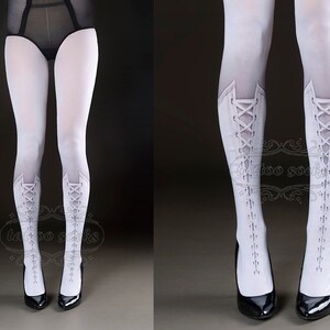 Tattoo Tights - Lolita Corset white one size full length printed closed toe tights pantyhose, tattoo socks, lace up 3D illusion image 5