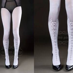 Tattoo Tights Lolita Corset white one size full length printed closed toe tights pantyhose, tattoo socks, lace up 3D illusion image 5