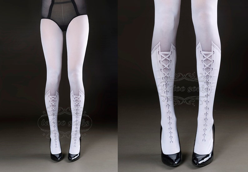 Tattoo Tights - Lolita Corset white one size full length printed closed toe tights pantyhose, tattoo socks, lace up 3D illusion image 5