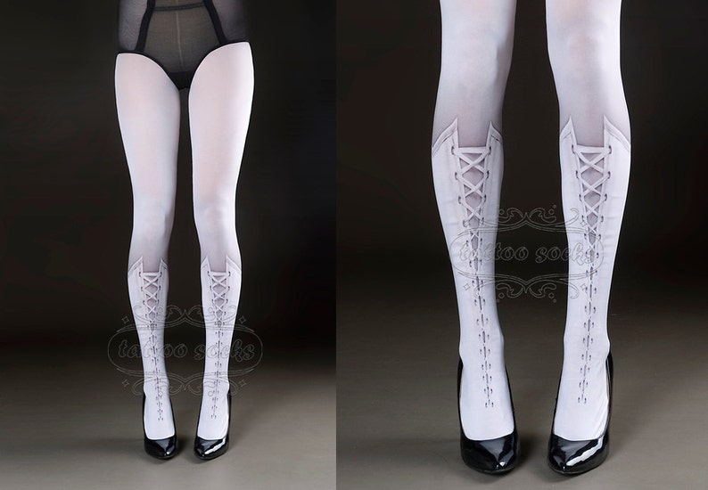 Tattoo Tights Lolita Corset white one size full length printed closed toe tights pantyhose, tattoo socks, lace up 3D illusion image 5