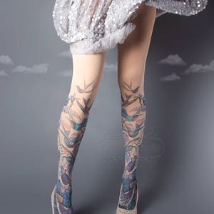 Exotic Birds Closed Toe nude color one size full length printed tights, pantyhose, nylons, tattoo socks, tattoo tights, Plus Size option image 2