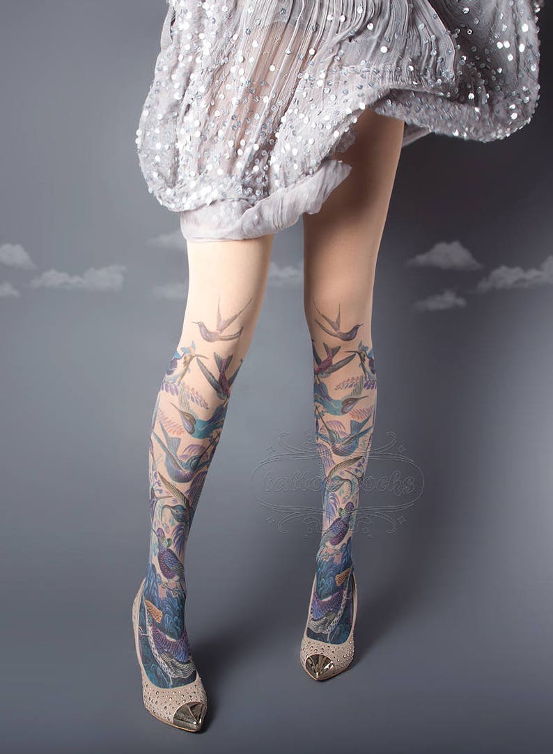 Exotic Birds Closed Toe nude color one size full length printed tights, pantyhose, nylons, tattoo socks, tattoo tights, Plus Size option image 2