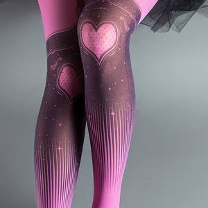 Tattoo Tights, Burlesque Heart magenta pink garters illusion one size full length printed tights pantyhose, by tattoo socks image 3