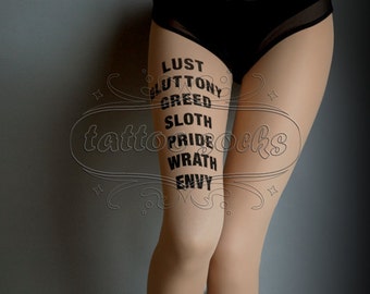 nude 7 Deadly Sins tattoo stockings, full length pantyhose, nylons, tattootights, tattoosocks, plus size option