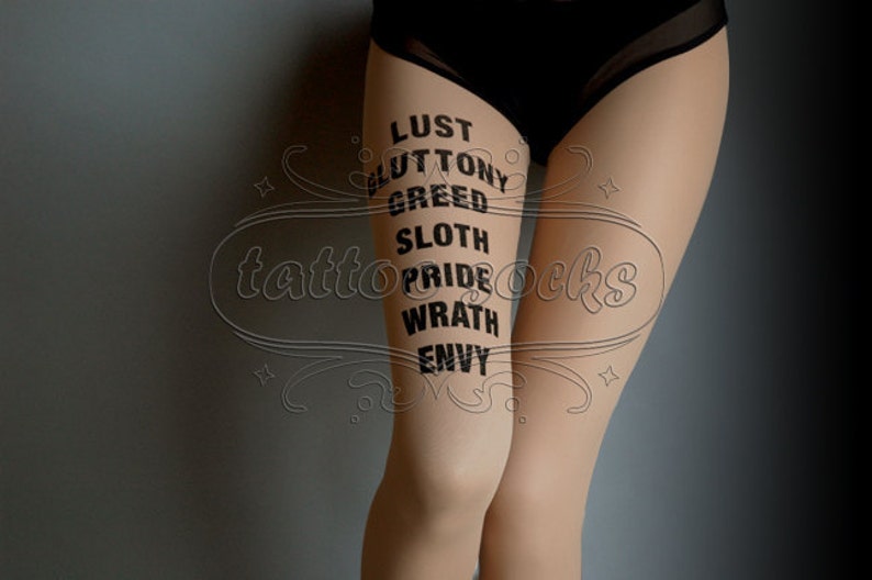 nude 7 Deadly Sins tattoo stockings, full length pantyhose, nylons, tattootights, tattoosocks, plus size option image 1