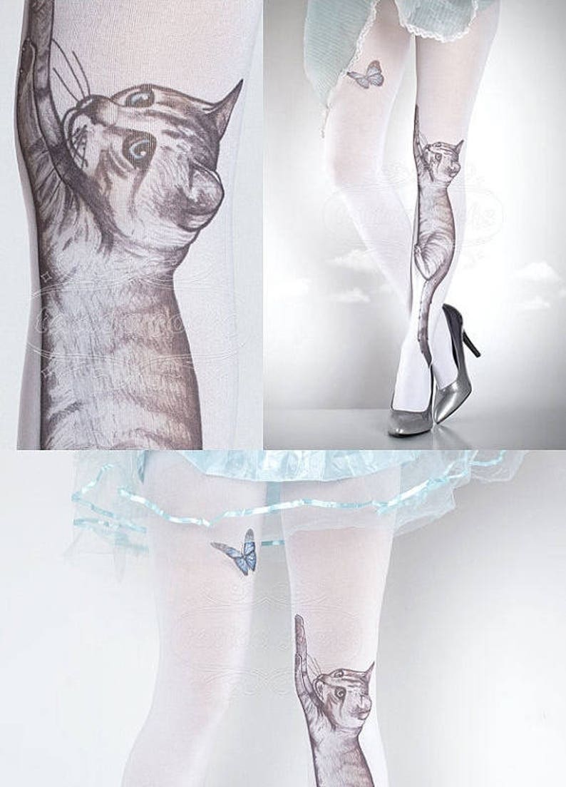 Tattoo Tights Playful Kitten white one size full length closed toe pantyhose tattoo socks ,printed tights, cat, butterfly image 1