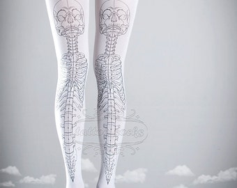 Skeleton tattoo tights, medical anatomy illustration black and white full length printed tights, pantyhose, nylons, tattoo socks