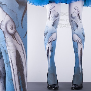 Tattoo Tights white  one size Octopuses full length printed tights /  pantyhose / leggings / nylons tattoo socks