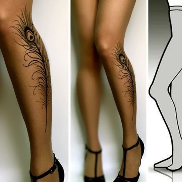 LARGE\/EXTRA LARGE sexy PEACOCK FEATHER TATTOO  tights \/ stockings full length pantyhose CAFE LATTE