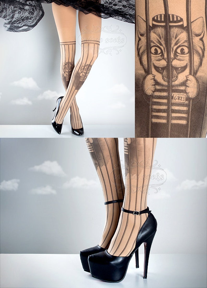 Free Pussy Riot Tattoo Tights nude, printed tights, caged pantyhose, prison, democracy, gay rights cat tattoo socks, Plus Size option image 1