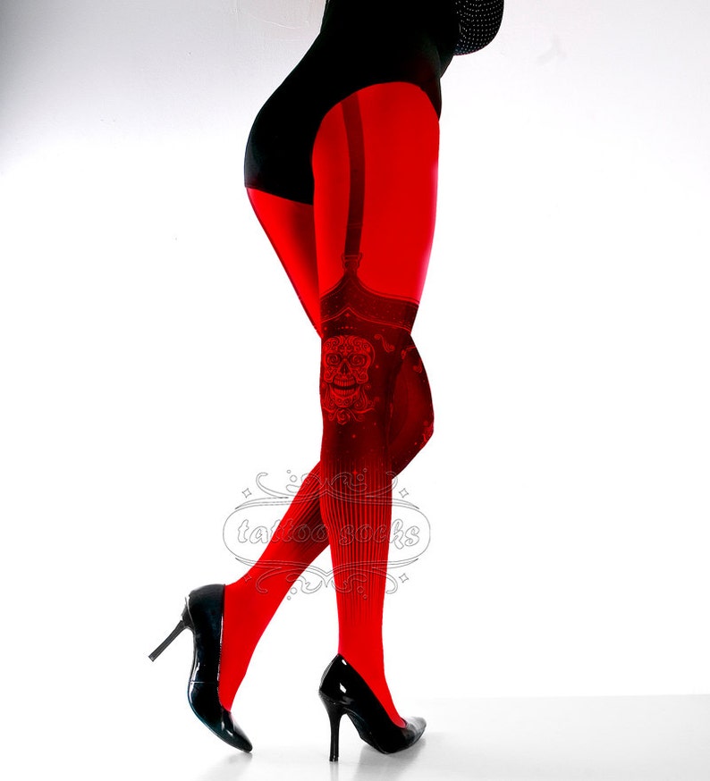 Tattoo Tights Day of the Dead garters illusion print Red one | Etsy