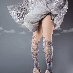 Exotic Birds Closed Toe nude color one size full length printed tights, pantyhose, nylons, tattoo socks, tattoo tights, Plus Size option image 3