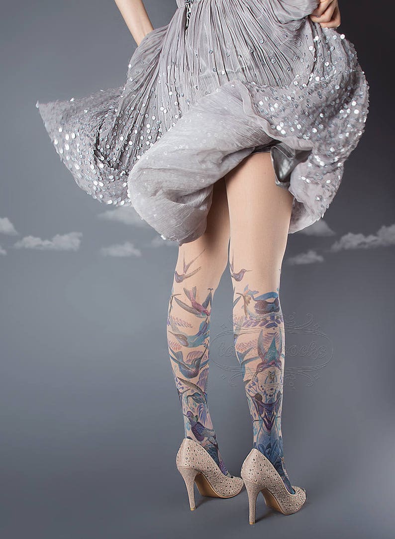 Exotic Birds Closed Toe nude color one size full length printed tights, pantyhose, nylons, tattoo socks, tattoo tights, Plus Size option image 3
