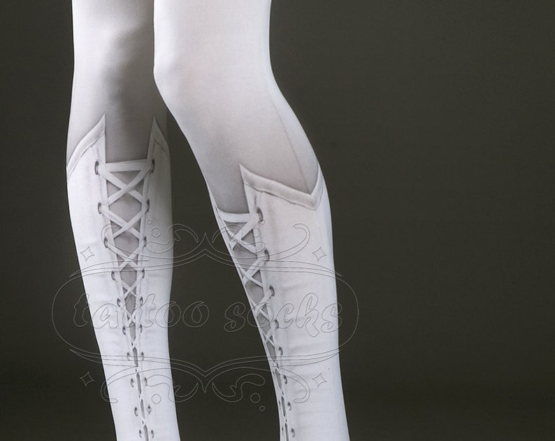 Tattoo Tights Lolita Corset white one size full length printed closed toe tights pantyhose, tattoo socks, lace up 3D illusion image 2