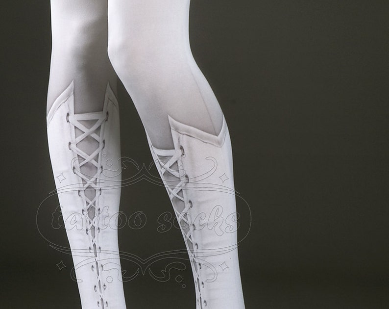 Tattoo Tights - Lolita Corset white one size full length printed closed toe tights pantyhose, tattoo socks, lace up 3D illusion image 2