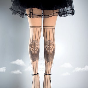 Free Pussy Riot Tattoo Tights nude, printed tights, caged pantyhose, prison, democracy, gay rights cat tattoo socks, Plus Size option image 2
