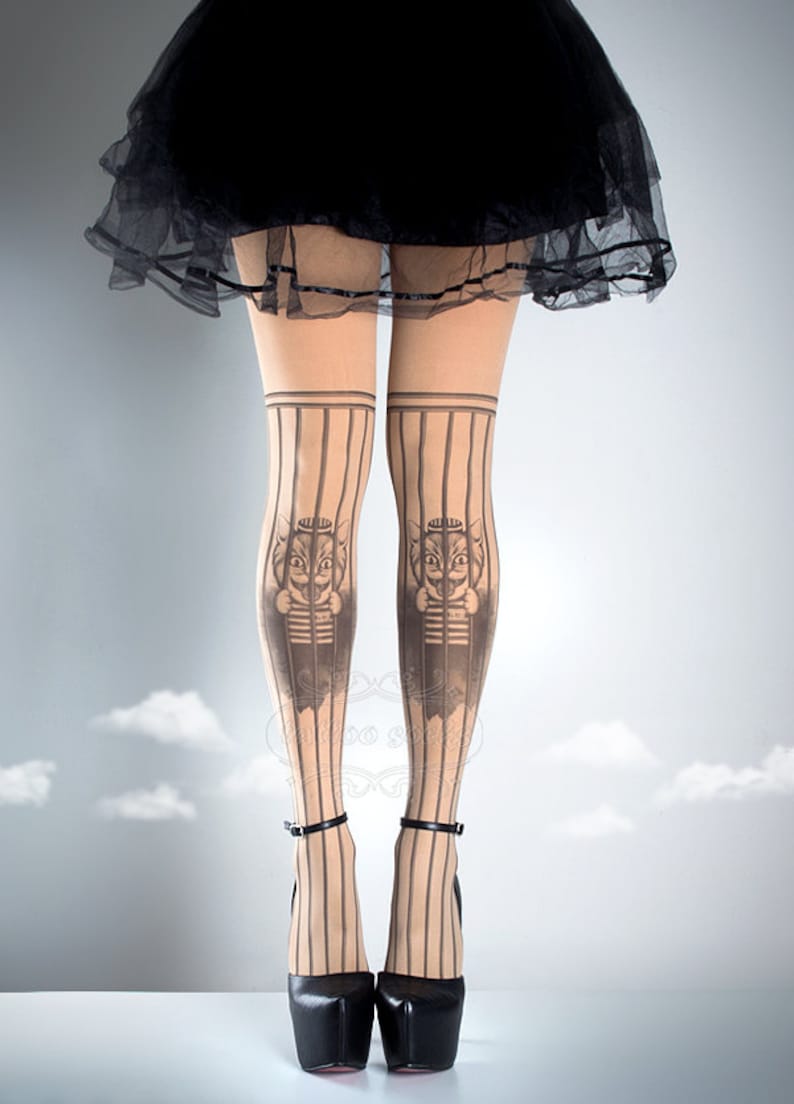 Free Pussy Riot Tattoo Tights nude, printed tights, caged pantyhose, prison, democracy, gay rights cat tattoo socks, Plus Size option image 2