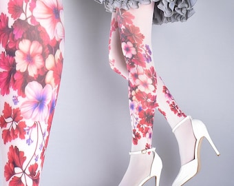 Medias de tatuaje - Medias cerradas de talle único con diseño floral rosa, calcetines con tatuajes, medias estampadas, pantimedias, medias de nailon estampadas, flores