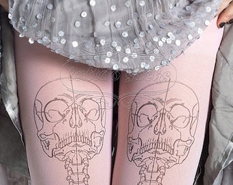 Skeleton tattoo tights, medical anatomy illustration black and light pink full length printed tights, pantyhose, nylons, tat