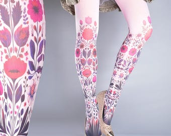 Medias con tatuajes - Medias cerradas de largo completo con estampado floral rosa de Garden of Eve, medias estampadas de arte popular, calcetines con tatuajes, medias de nailon