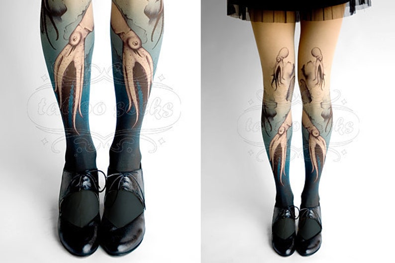 Closed Toe nude color one size Octopuses full length printed tights pantyhose, Plus Size option image 4