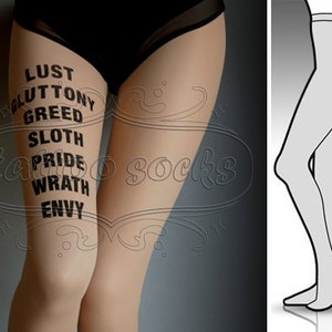 nude 7 Deadly Sins tattoo stockings, full length pantyhose, nylons, tattootights, tattoosocks, plus size option image 2