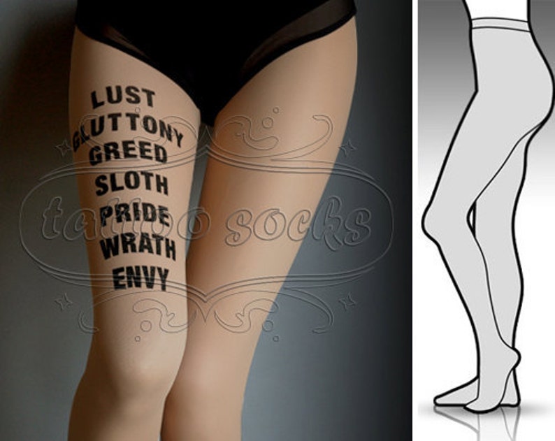 nude 7 Deadly Sins tattoo stockings, full length pantyhose, nylons, tattootights, tattoosocks, plus size option image 2