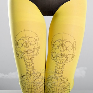 Skeleton Tattoo Strumpfhosen, medizinische Anatomie schwarz-gelbe Strumpfhosen, Strumpfhosen, Nylons, Tattoo Socken schwarz und gelb bedruckt