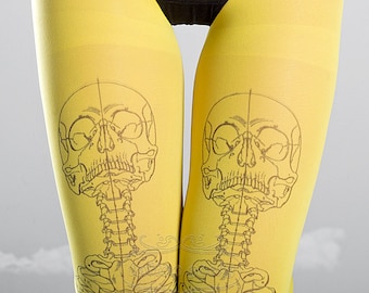 Collants de tatouage squelette, illustration d'anatomie médicale collants imprimés pleine longueur noir et jaune, collants, bas de nylon, chaussettes de tatouage