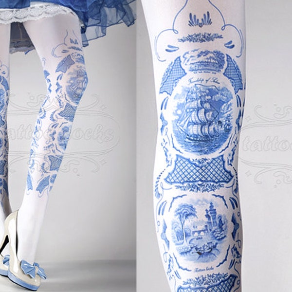 Tattoo Tights - China Doll collants imprimés bleu et blanc pleine longueur, collants, nylons par tattoosocks