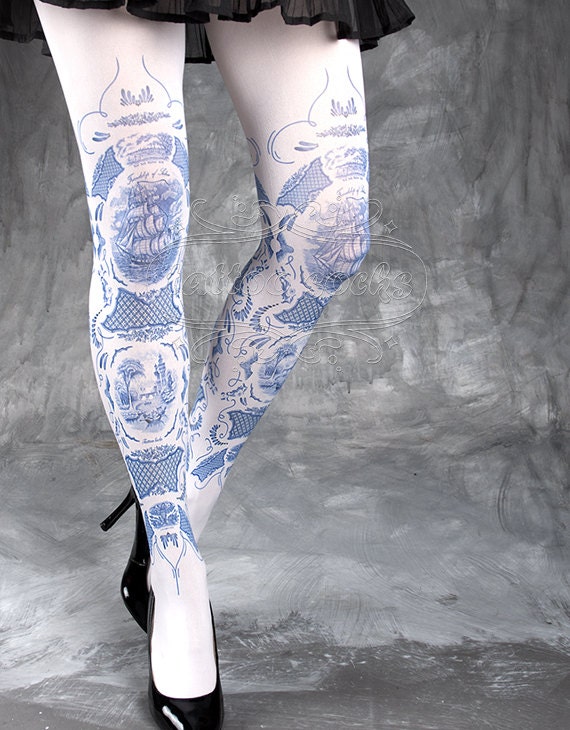 Tattoo Tights China Doll One Size Blue and White Full Length Printed Tights,  Pantyhose, Nylons by Tattoosocks 