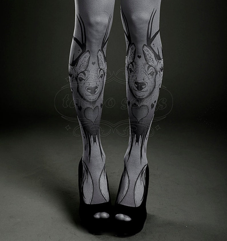 asphalt one size Triple Deer full length printed tights closed toe pantyhose Tattoo Tights