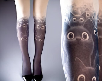 Black cats, nude one size full length printed closed toe tights, pantyhose, tattoo socks, stockings, tattoo tights, cute, plus size option