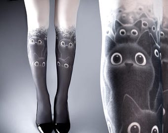 Black Cats, white one size, full length printed closed toe tights, pantyhose, tattoo socks, stockings, tattoo tights, cute