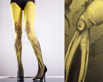 Yellow Octopuses Closed Toe one size full length printed tights pantyhose tattoo socks tattoo tights