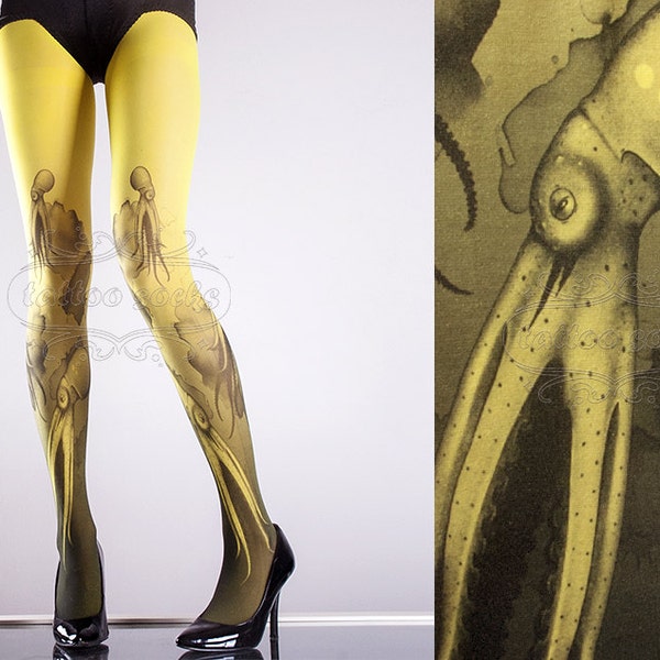 Yellow Octopuses Closed Toe one size full length printed tights pantyhose tattoo socks tattoo tights