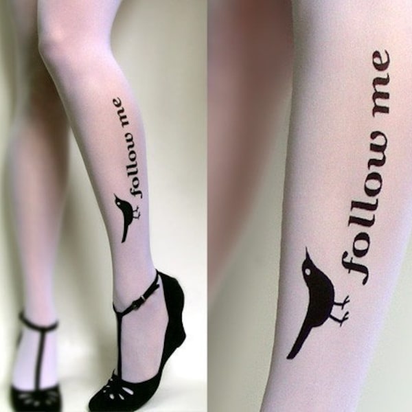 sexy, funny and flirty FOLLOW ME twitter TATTOO thigh-high stockings WHITE
