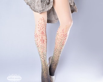 Tattoo Tights - delicate HEART shaped leafs and flowers nude full length closed toe pantyhose, printed tights, nylons, Plus Size option