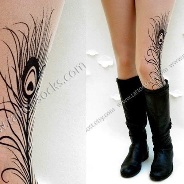 XS-S-M sexy Mini  and Boots peacock Feather tattoo thigh-high socks Light Mocha