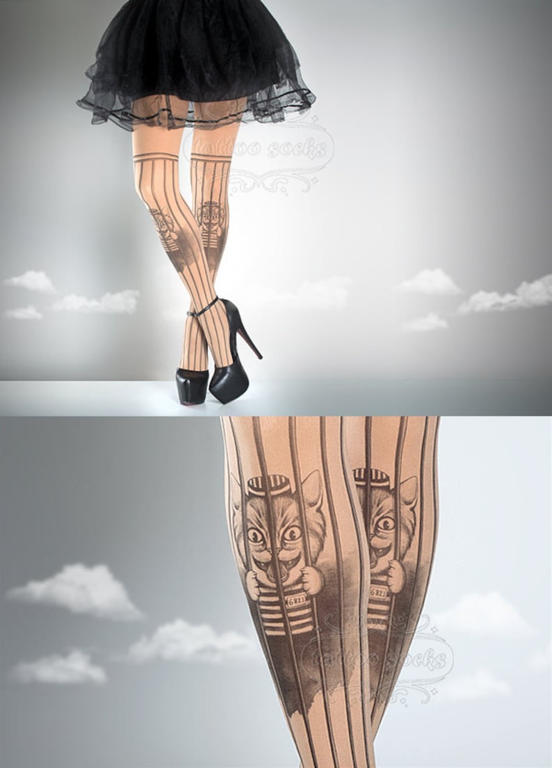 Free Pussy Riot Tattoo Tights nude, printed tights, caged pantyhose, prison, democracy, gay rights cat tattoo socks, Plus Size option image 5