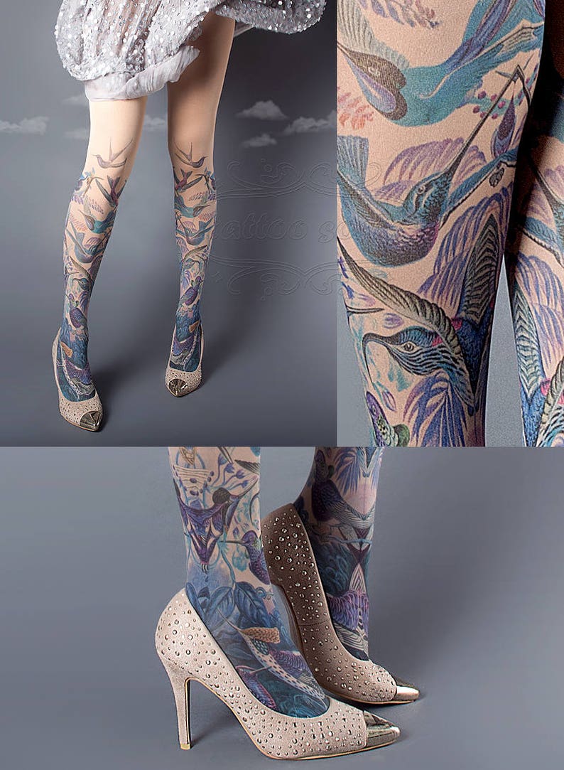 Exotic Birds Closed Toe nude color one size full length printed tights, pantyhose, nylons, tattoo socks, tattoo tights, Plus Size option