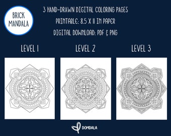 Peut inclure: Trois pages à colorier imprimables représentant des mandalas en briques. Les motifs sont étiquetés Niveau 1, Niveau 2 et Niveau 3, avec une complexité croissante. Les pages mesurent 8,5 x 11 pouces.
