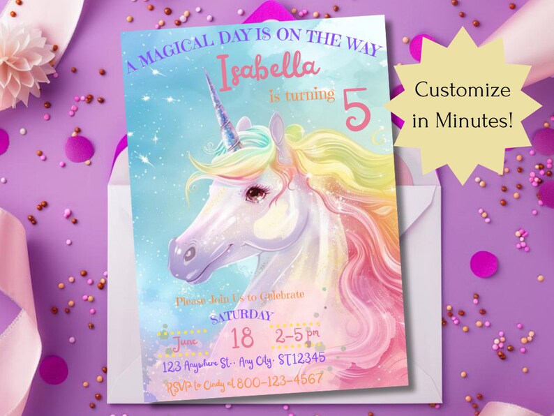 Editable Unicorn Birthday Invitation, Personalized Unicorn Birthday ...