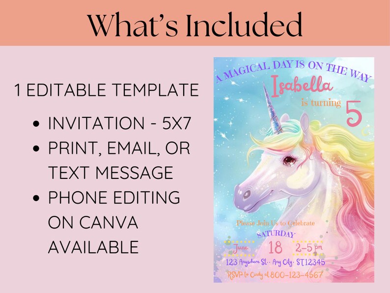 Editable Unicorn Birthday Invitation, Personalized Unicorn Birthday ...