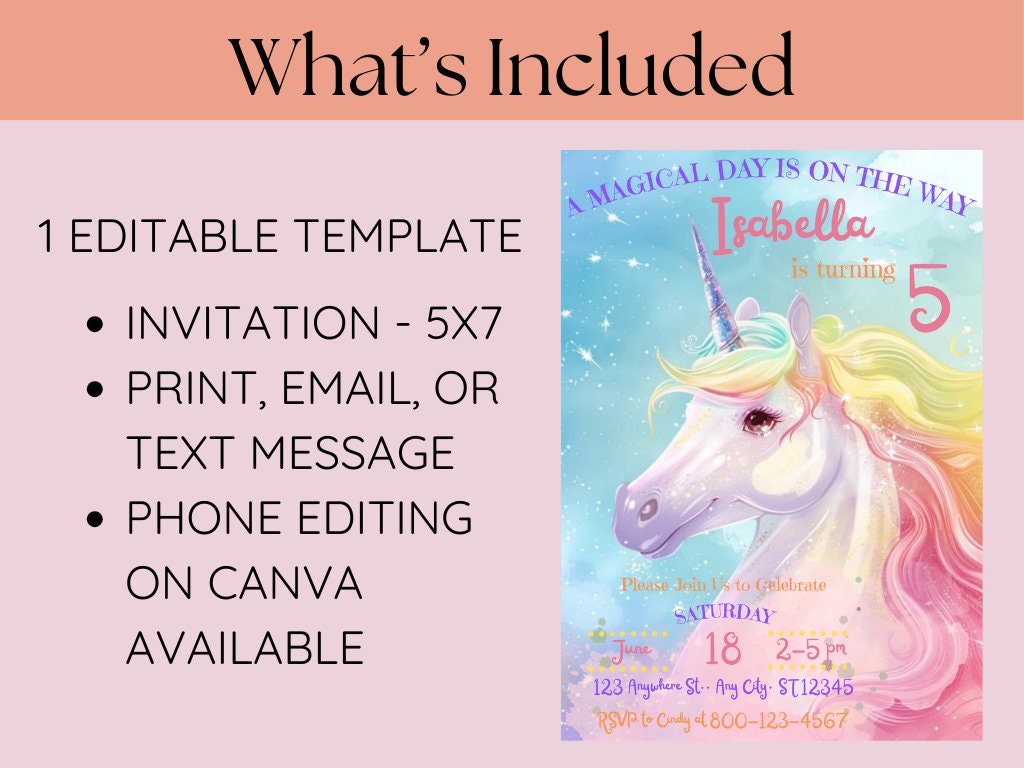 Editable Unicorn Birthday Invitation, Personalized Unicorn Birthday ...