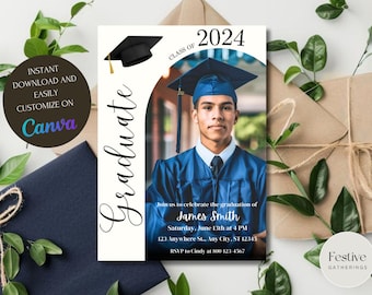 May include: A graduation invitation featuring a photograph of a graduate wearing a blue cap and gown. The invitation is white with black text and a black graduation cap icon. The text reads "Class of 2024 Graduate" and includes the graduate's name, date, time, and location for the graduation ceremony. The invitation also includes an RSVP phone number.