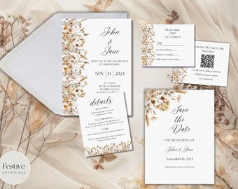 AUTUMN Wedding Invitation Set, Fall Save the Date, Elegant Invitation Bundle, Pampas RSVP Qr Code, Details Card, Instant Digital Download